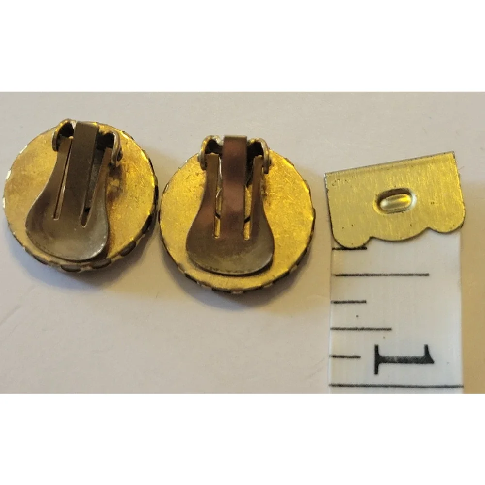 Vintage Estate Cabochon Clip-On Earrings Gold Tone Dendritic Round‎ Jewelry